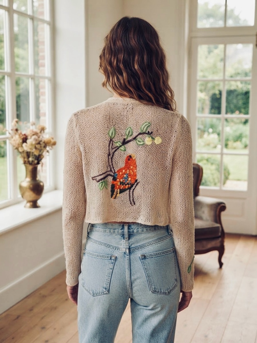 WOODEN SHIPS EMBROIDERED BIRD BALLET WRAP S/M SWEATER RARE!